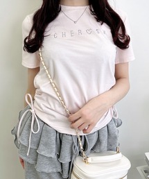 サイドギャザーリボンラインストーンロゴTシャツ