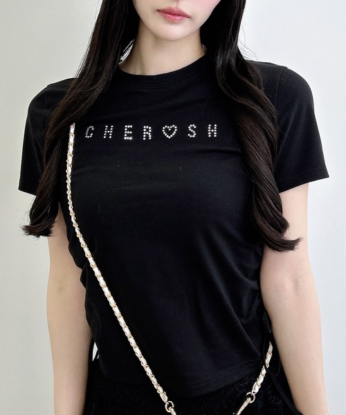 INGNI(イング)の「サイドギャザーリボンラインストーンロゴTシャツ(Tシャツ/カットソー・レディース・ライトピンク/ブラック/オフホワイト・M)」の3枚目の写真