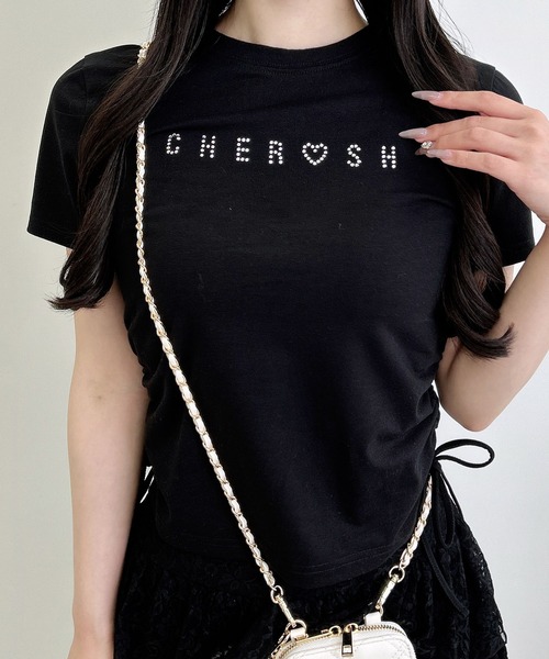 INGNI(イング)の「サイドギャザーリボンラインストーンロゴTシャツ(Tシャツ/カットソー・レディース・ライトピンク/ブラック/オフホワイト・M)」の7枚目の写真