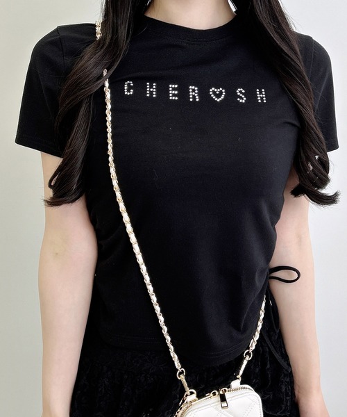 INGNI(イング)の「サイドギャザーリボンラインストーンロゴTシャツ(Tシャツ/カットソー・レディース・ライトピンク/ブラック/オフホワイト・M)」の8枚目の写真