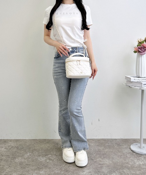 INGNI(イング)の「サイドギャザーリボンラインストーンロゴTシャツ(Tシャツ/カットソー・レディース・ライトピンク/ブラック/オフホワイト・M)」の4枚目の写真