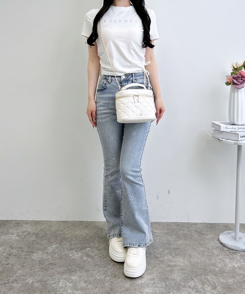 INGNI(イング)の「サイドギャザーリボンラインストーンロゴTシャツ(Tシャツ/カットソー・レディース・ライトピンク/ブラック/オフホワイト・M)」の5枚目の写真