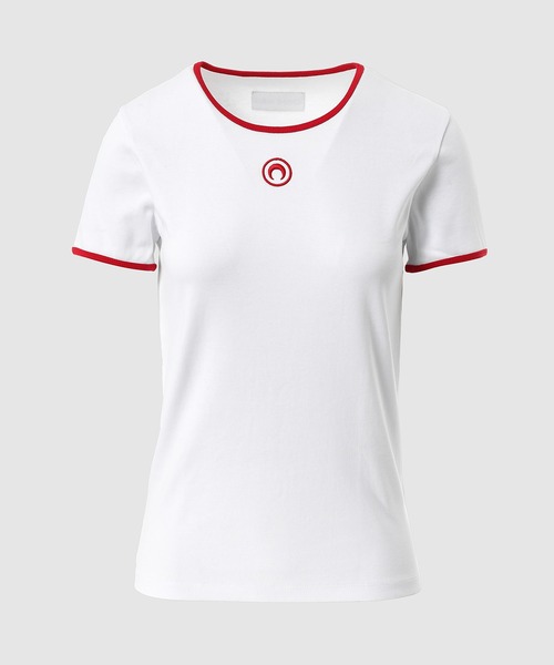 MARINE SERRE(マリーン・セル)の「MOON LOGO BICOLOR JERSEY BABY FIT T-SHIRT(Tシャツ/カットソー・レディース・ホワイト/ブラック・M/XS/S)」の1枚目の写真