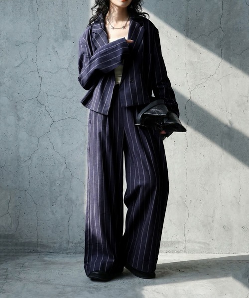 antiqua(アンティカ)の「ストライプ柄 ワイドパンツ(その他パンツ・レディース・ネイビー/ブラック・ONESIZE)」の6枚目の写真