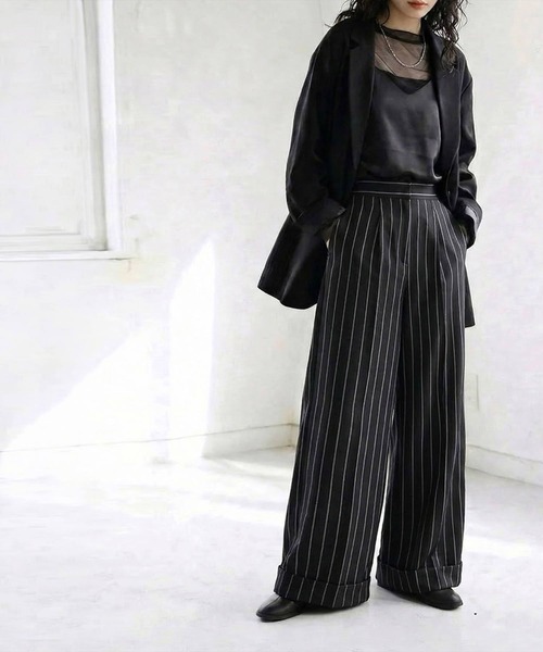 antiqua(アンティカ)の「ストライプ柄 ワイドパンツ(その他パンツ・レディース・ネイビー/ブラック・ONESIZE)」の5枚目の写真