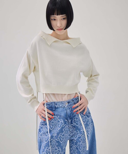 TAN（タン）の「【TAN/タン】《STUDIOUS別注》別注2WAY BORELO KNIT TOPS/ツーウェイボレロニットトップ/ウォッシャブルニット（ニット/セーター・レディース・ダークブラウン/ピンク/アイボリー・FREE）」の8枚目の写真