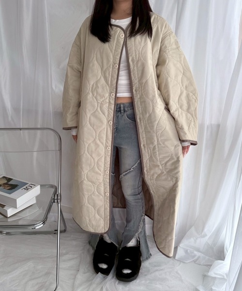 etta(エタ)の「ロングキルティングコート(ノーカラーコート・レディース・ブラウン/アイボリー・FREE)」の12枚目の写真