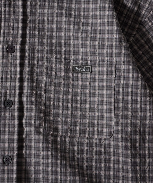 Perushu（ペルーシュ）の「SEERSUCKER CHECK SHORT SLEEVE SHIRT／シアサッカーチェックショートスリーブシャツ（シャツ/ブラウス・メンズ・ブラック/ブルー/グレー・MEDIUM/LARGE）」の9枚目の写真