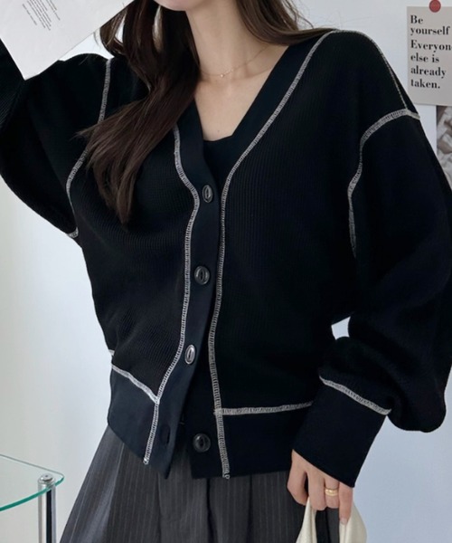 umune(ウムネ)の「ワッフルカーディガン Vネック 配色ステッチ トップス 羽織り ライトアウター 前開き カジュアル ルーズ 春秋(カーディガン/ボレロ・レディース・ブラック/杢グレー・FREE)」の3枚目の写真