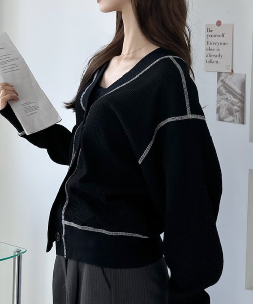 umune(ウムネ)の「ワッフルカーディガン Vネック 配色ステッチ トップス 羽織り ライトアウター 前開き カジュアル ルーズ 春秋(カーディガン/ボレロ・レディース・ブラック/杢グレー・FREE)」の5枚目の写真