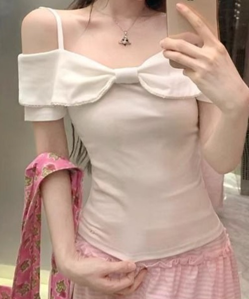 Mejoul(メジュール)の「【2026春夏新作】フロントビッグリボンオフショルカットソー(Tシャツ/カットソー・レディース・グレー/ホワイト・F)」の8枚目の写真