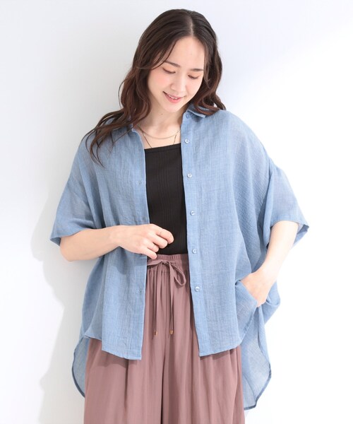 SHOO・LA・RUE（シューラルー）の「【体型カバー】やわらかゆるっと ヒップがすっぽり隠れる 5分袖シアーシャツ（シャツ/ブラウス・レディース・アイボリー/チャコールグレー/ピンク系/ブルー系その他・00）」の5枚目の写真