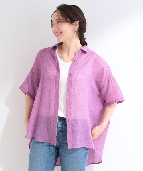 SHOO・LA・RUE（シューラルー）の「【体型カバー】やわらかゆるっと ヒップがすっぽり隠れる 5分袖シアーシャツ（シャツ/ブラウス・レディース・アイボリー/チャコールグレー/ピンク系/ブルー系その他・00）」の13枚目の写真