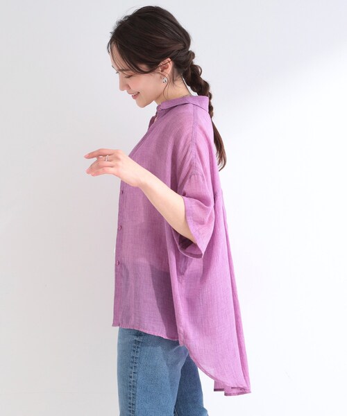 SHOO・LA・RUE（シューラルー）の「【体型カバー】やわらかゆるっと ヒップがすっぽり隠れる 5分袖シアーシャツ（シャツ/ブラウス・レディース・アイボリー/チャコールグレー/ピンク系/ブルー系その他・00）」の14枚目の写真