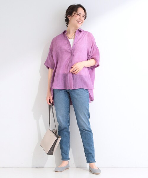 SHOO・LA・RUE（シューラルー）の「【体型カバー】やわらかゆるっと ヒップがすっぽり隠れる 5分袖シアーシャツ（シャツ/ブラウス・レディース・アイボリー/チャコールグレー/ピンク系/ブルー系その他・00）」の15枚目の写真