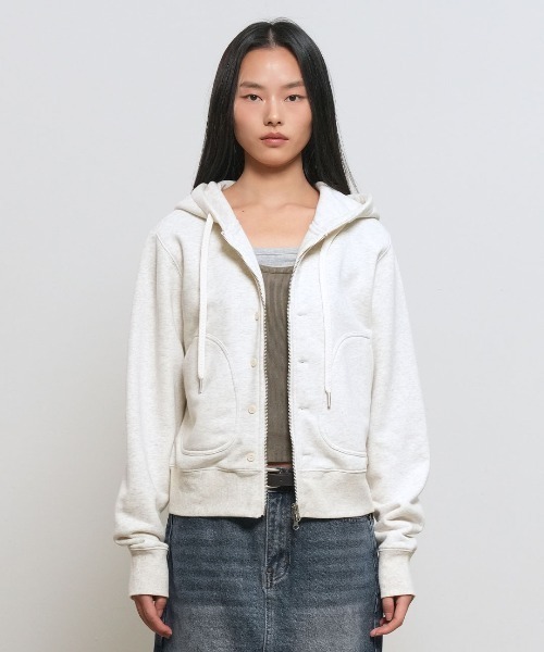 GENERAL IDEA（ジェネラルアイデア）の「【GENERAL IDEA】スナップフードジップアップパーカー / SNAP HOOD ZIP-UP（パーカー・レディース・オートミール/ネイビー/ライトグリーン・L/M/S）」の19枚目の写真