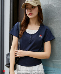 PUBLUX/パブリュクス I LOVE NY 花柄 レイヤード風 ヘンリーネック Tシャツ　限定展開