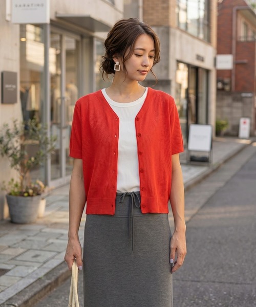 STYLE DELI(スタイルデリ)の「鹿の子調カーデ型Vネックトップス(Tシャツ/カットソー・レディース・ホワイト/ブラック/レッド・FREE)」の3枚目の写真
