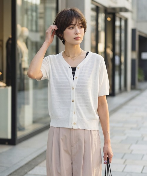 STYLE DELI(スタイルデリ)の「鹿の子調カーデ型Vネックトップス(Tシャツ/カットソー・レディース・ホワイト/ブラック/レッド・FREE)」の2枚目の写真