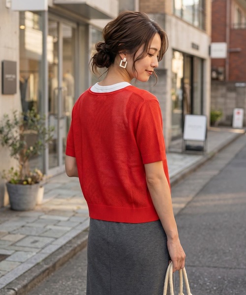 STYLE DELI(スタイルデリ)の「鹿の子調カーデ型Vネックトップス(Tシャツ/カットソー・レディース・ホワイト/ブラック/レッド・FREE)」の7枚目の写真