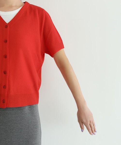 STYLE DELI(スタイルデリ)の「鹿の子調カーデ型Vネックトップス(Tシャツ/カットソー・レディース・ホワイト/ブラック/レッド・FREE)」の14枚目の写真