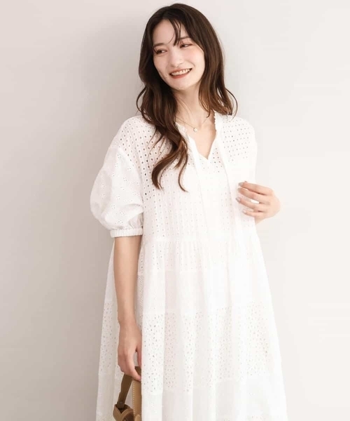 MK MICHEL KLEIN（エムケーミッシェルクラン）の「[洗える]パッチワークコットンレースワンピース（ワンピース・レディース・ホワイト/ブラック・38）」の4枚目の写真