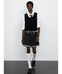 ANDEND（エンデンド）の「カットアップレイヤードストライプショートパンツ_ブラック（その他パンツ）」