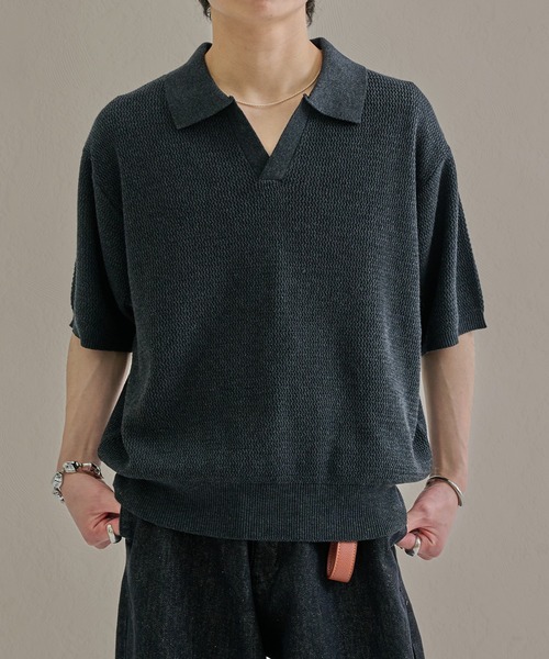 epnok（エプノック）の「ベーシックルーズ半袖スキッパーニット（ニット/セーター・メンズ・ライトグレー/チャコールグレー/ブラウン・MEDIUM/SMALL/LARGE）」の2枚目の写真