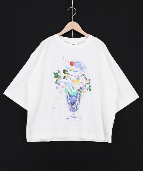 ScoLar(スカラー)の「162692:スカラー特製お月見パフェ柄 接触冷感Tシャツ(Tシャツ/カットソー・レディース・ピンク/オフホワイト/イエロー/ブラック・M)」の2枚目の写真