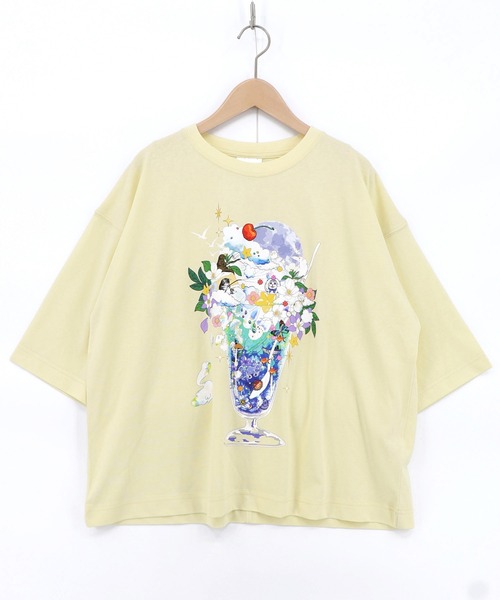 ScoLar(スカラー)の「162692:スカラー特製お月見パフェ柄 接触冷感Tシャツ(Tシャツ/カットソー・レディース・ピンク/オフホワイト/イエロー/ブラック・M)」の4枚目の写真