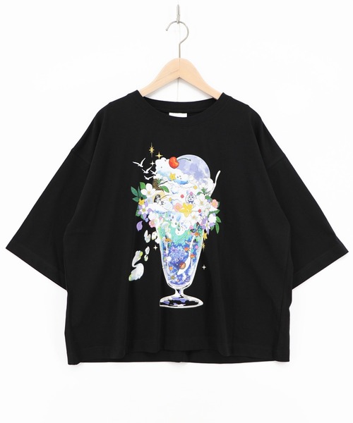 ScoLar(スカラー)の「162692:スカラー特製お月見パフェ柄 接触冷感Tシャツ(Tシャツ/カットソー・レディース・ピンク/オフホワイト/イエロー/ブラック・M)」の3枚目の写真