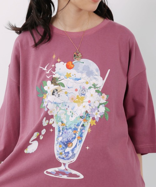 ScoLar(スカラー)の「162692:スカラー特製お月見パフェ柄 接触冷感Tシャツ(Tシャツ/カットソー・レディース・ピンク/オフホワイト/イエロー/ブラック・M)」の9枚目の写真