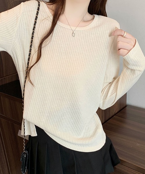 2ly2(トゥーリートゥー)の「ミックスリブ ルーズトップス(Tシャツ/カットソー・レディース・ネイビー/ブラウン/ベージュ・FREE)」の3枚目の写真