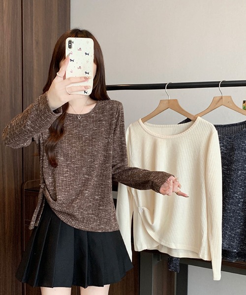 2ly2(トゥーリートゥー)の「ミックスリブ ルーズトップス(Tシャツ/カットソー・レディース・ネイビー/ブラウン/ベージュ・FREE)」の13枚目の写真