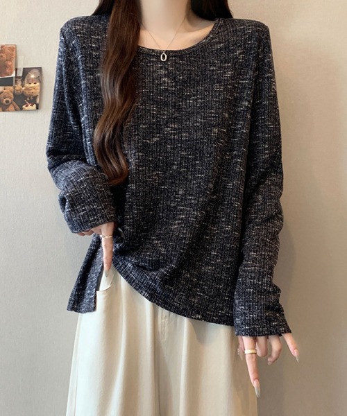 2ly2(トゥーリートゥー)の「ミックスリブ ルーズトップス(Tシャツ/カットソー・レディース・ネイビー/ブラウン/ベージュ・FREE)」の7枚目の写真