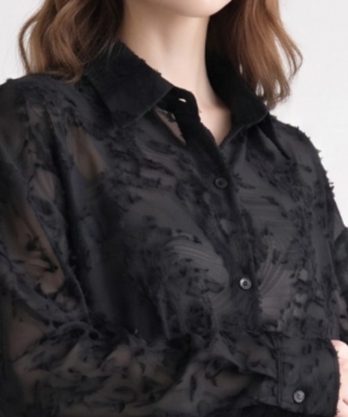 umune(ウムネ)の「フリンジジャガードシャツ オーバーサイズ ビッグシルエット 長袖 シアーシャツ 羽織り ライトアウター 透け感 カジュアル 秋冬(シャツ/ブラウス・レディース・ワインレッド/オフホワイト/ブラック・FREE)」の16枚目の写真