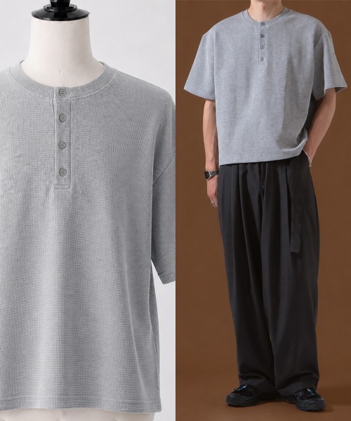 OXA（オグザ）の「ショート丈 ワッフル 無地 半袖ヘンリーネックTシャツ OXA（Tシャツ/カットソー・メンズ・ブラック/グレー・MEDIUM/LARGE）」の2枚目の写真