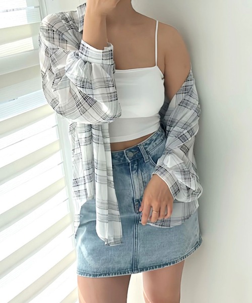 Girly Doll(ガーリードール)の「オーバーサイズチェック柄シアー長袖シャツ(シャツ/ブラウス・レディース・モカ/ブラック/ホワイト・FREE)」の7枚目の写真