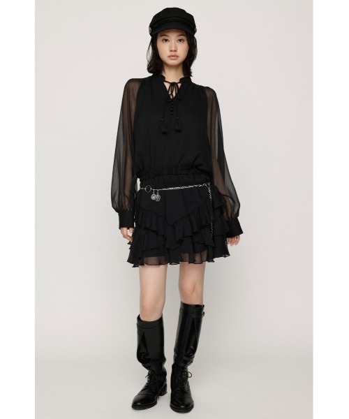 SLY(スライ)の「STAND TASSEL FRILL S/OP スタンドタッセルフリルショートワンピース 秋服 冬服(ワンピース・レディース・ブラック/アイボリー・1/2)」の3枚目の写真