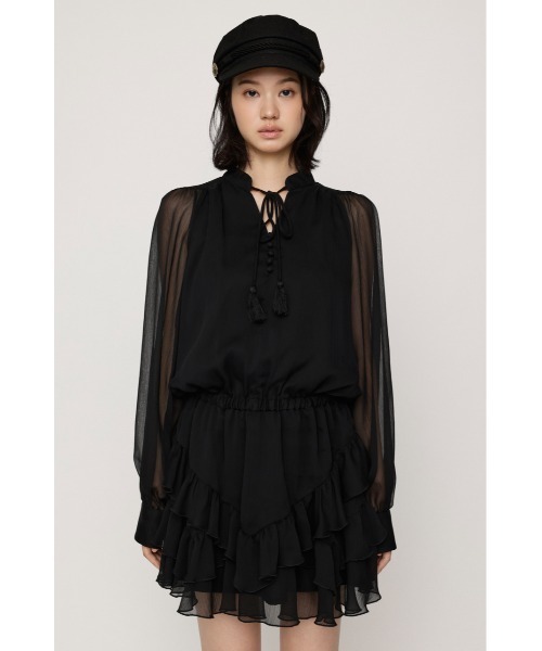 SLY(スライ)の「STAND TASSEL FRILL S/OP スタンドタッセルフリルショートワンピース 秋服 冬服(ワンピース・レディース・ブラック/アイボリー・1/2)」の5枚目の写真