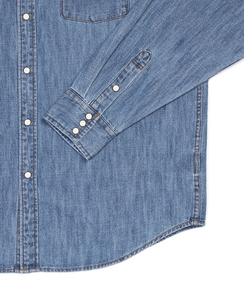 The DUFFER of ST.GEORGE（ザダファーオブセントジョージ）の「[INDIGO LABEL] 7.25oz DENIM BAND COLLAR WESTERN SHIRT：バンドカラー ウエスタンデニムシャツ / 7.25オンス / ビンテージ加工（シャツ/ブラウス・メンズ・インディゴブルー・SMALL/X-LARGE/LARGE/MEDIUM）」の8枚目の写真