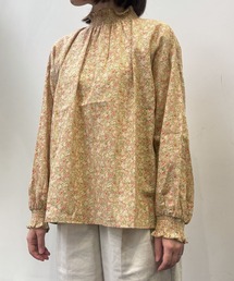 襟シャーリング花柄ブラウス オーガニックコットン入