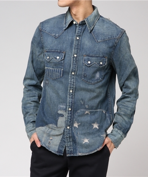 Denim & Supply Ralph Lauren（デニムアンドサプライラルフローレン）の「ディストレスト デニム ウエスタン シャツ（シャツ/ブラウス・メンズ・ブルー系9・X-LARGE/LARGE/SMALL/X-SMALL/MEDIUM）」の5枚目の写真