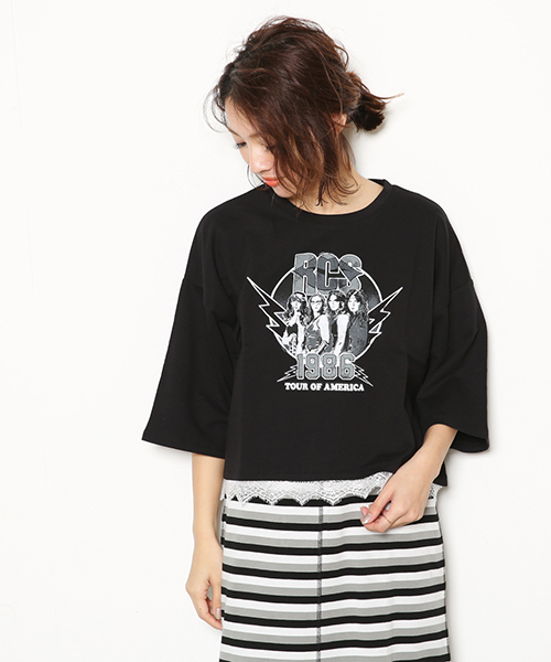 RODEO CROWNS WIDE BOWL（ロデオクラウンズワイドボウル）の「ROCK レース ドッキングTシャツ（Tシャツ/カットソー・レディース・ブラック/トップグレー/オフホワイト・FREE）」の3枚目の写真