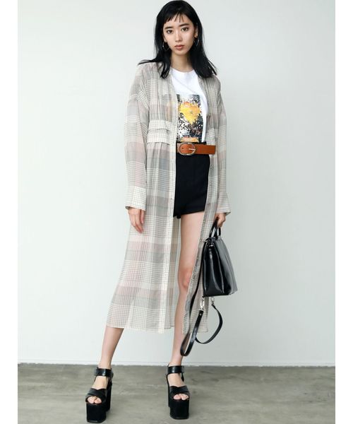 EMODA（エモダ）の「シアーウエストマークチェックシャツ（シャツ/ブラウス・レディース・ホワイト/ブラック/キャメル・FREE）」の2枚目の写真