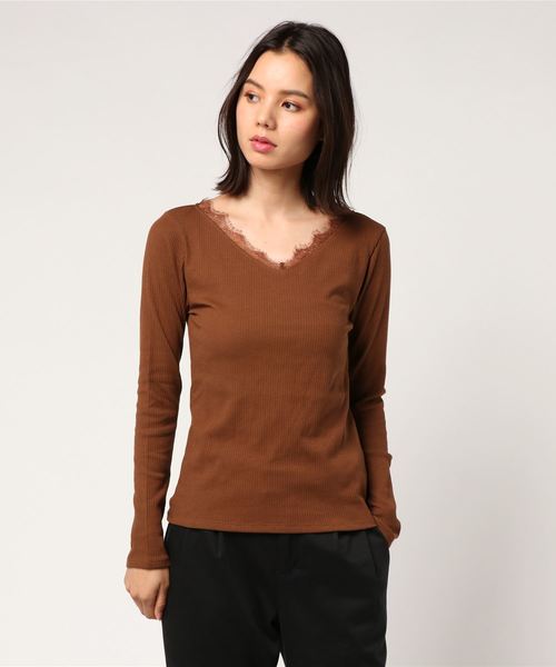 AMERICAN HOLIC(アメリカンホリック)の「・Vネックレーステレコプルオーバー(Tシャツ/カットソー・レディース・チャコールグレー/ブラック/アイボリー/杢グレー/キャメル/その他7/ブルーグリーン/ホワイト系その他4・M/L)」の1枚目の写真