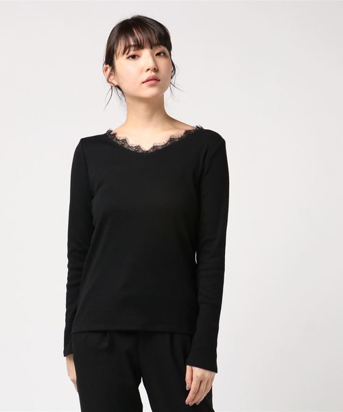 AMERICAN HOLIC(アメリカンホリック)の「・Vネックレーステレコプルオーバー(Tシャツ/カットソー・レディース・チャコールグレー/ブラック/アイボリー/杢グレー/キャメル/その他7/ブルーグリーン/ホワイト系その他4・M/L)」の4枚目の写真