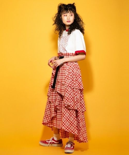 Candy Stripper 赤チェック柄リボンティアードフレアスカート Candy