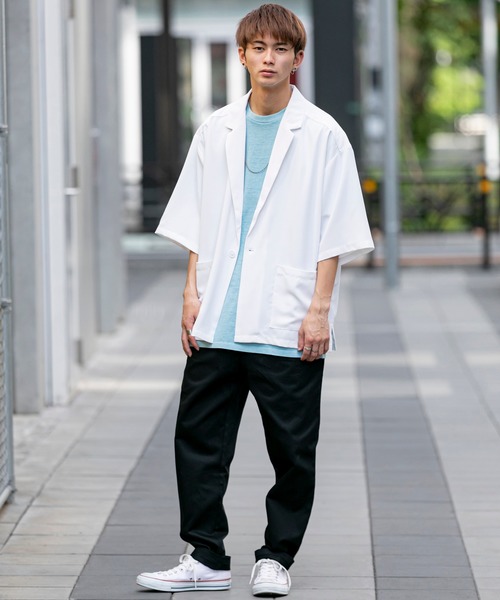 Beno(ビーノ)の「ライトジョーゼット / ビッグシルエット 5分袖 テーラードジャケット(シャツ/ブラウス・メンズ・ブラック/オフホワイト/ミント/ライトベージュ・L/M)」の10枚目の写真