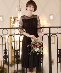 七分袖&ロング ワンピースドレスストライプ レース 結婚式 フォーマル オケージョンドレス お呼ばれ 二次会 成人式